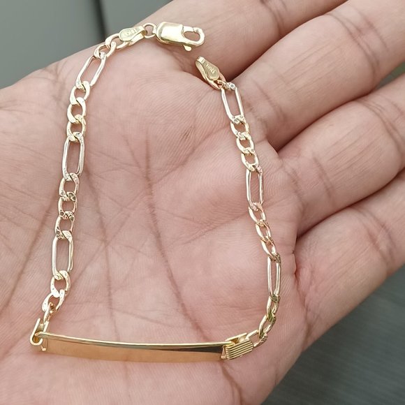 10kt real gold try color figaro daimond cut id bracelet size 8 inches